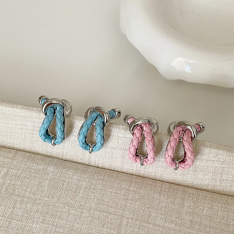 

Design Twisted Leather 925 Silver Needle Stud Earrings for Women Geometric Knotted Earrings Unique Jewelry Gifts