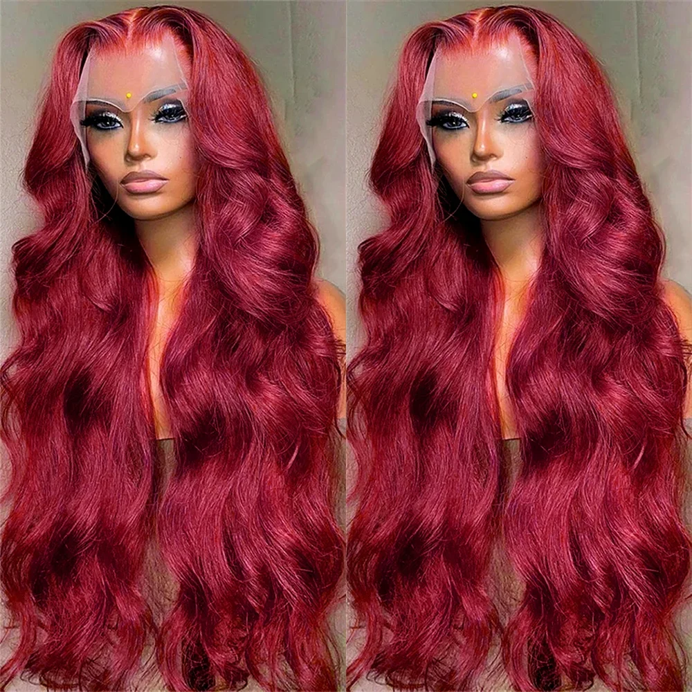 Burgundy 99J 13x6 Body Wave Lace Front Human Hair Wig 30inch HD Transparent Lace Front Wigs Brazilian Red Colored Wig for Women