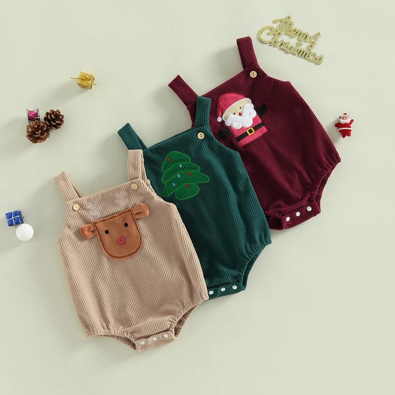 Christmas Baby Girls Boys Romper Corduroy Deer Santa Sleeveless Jumpsuit Newborn Bodysuit for Winter Overalls Xmas Costumes