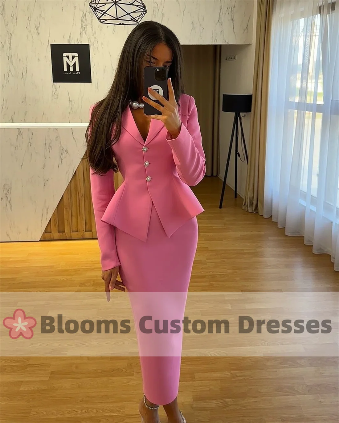 Blooms Customized V-Neck 2 Piece Buttons Prom Dresses For Formal Occasion Sheath Party Gown Long Sleeves Evening Dress