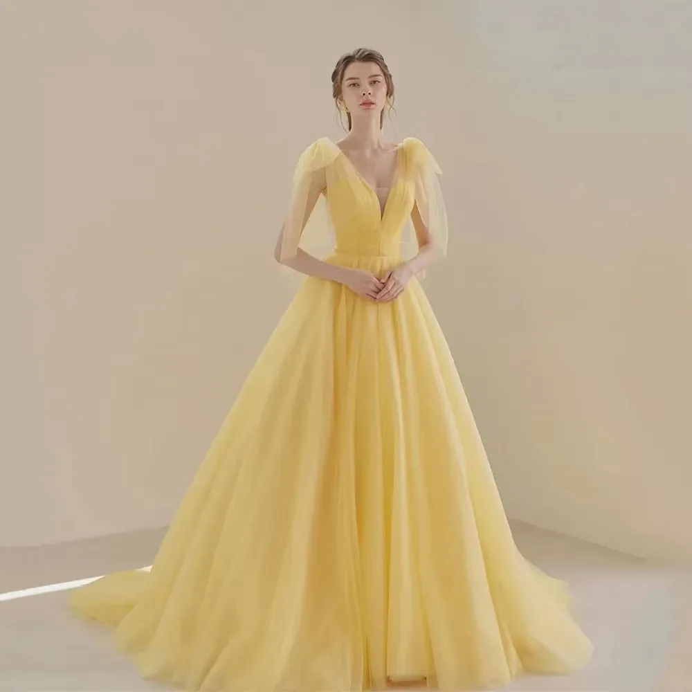 

Elegant Yellow V Neck Sleeveless Evening Dresses Women Summer Event Gown for Formal Occasion Customized Prom Party Dresses