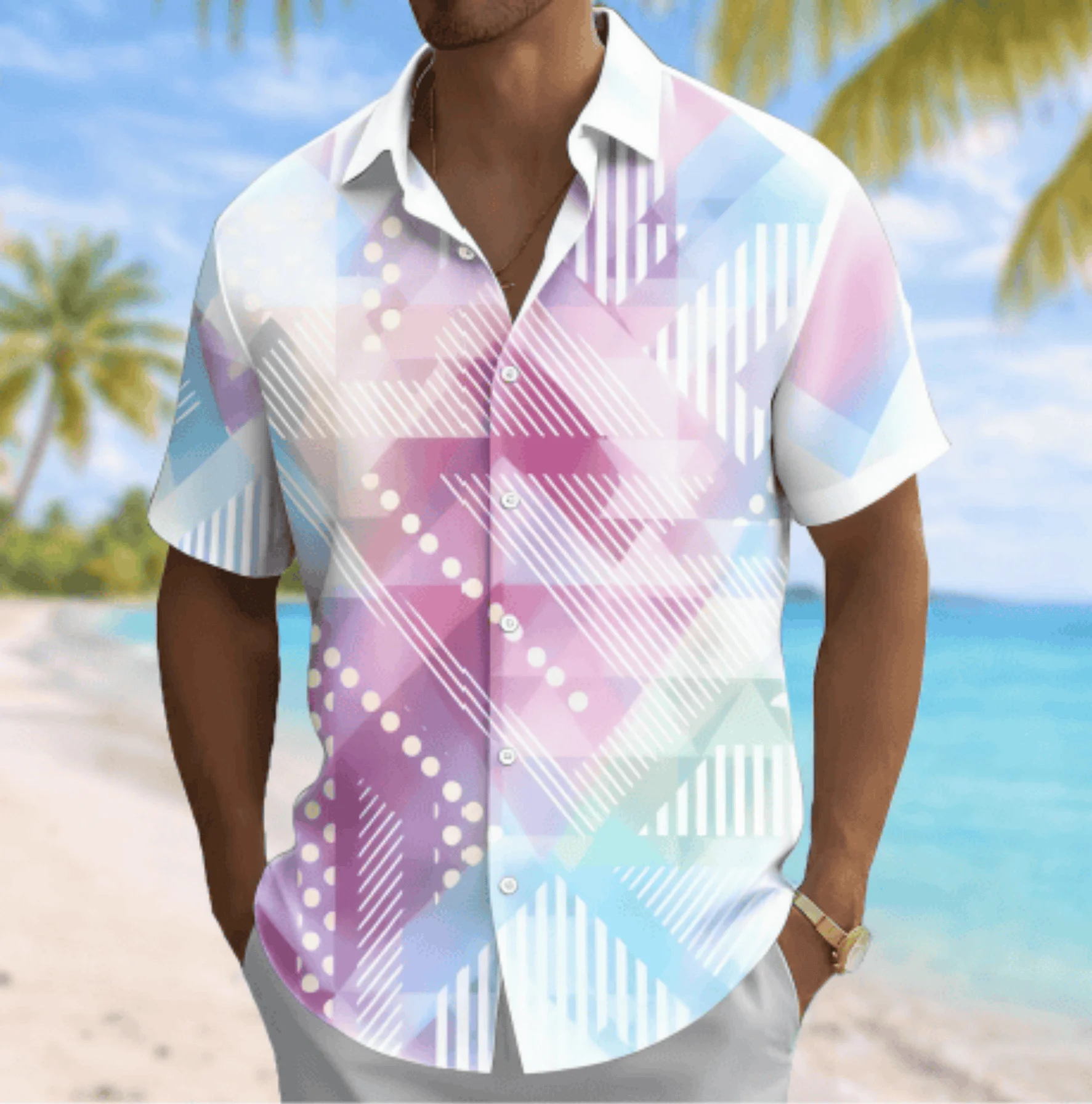 

Men's Gradient Geometric Stripe Print Short Sleeve Shirt, Spring Summer Casual Vacation Turn-Down Collar Blouse, Loose Fit Top