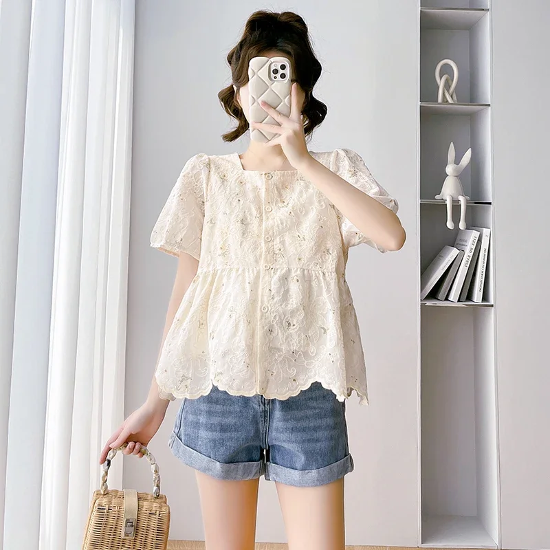 

Korean Style Pregnant Woman Lace Shirts Short Sleeve Square Collar Button Fly Maternity Blouses Sweet Pregnancy Organza Top Tees