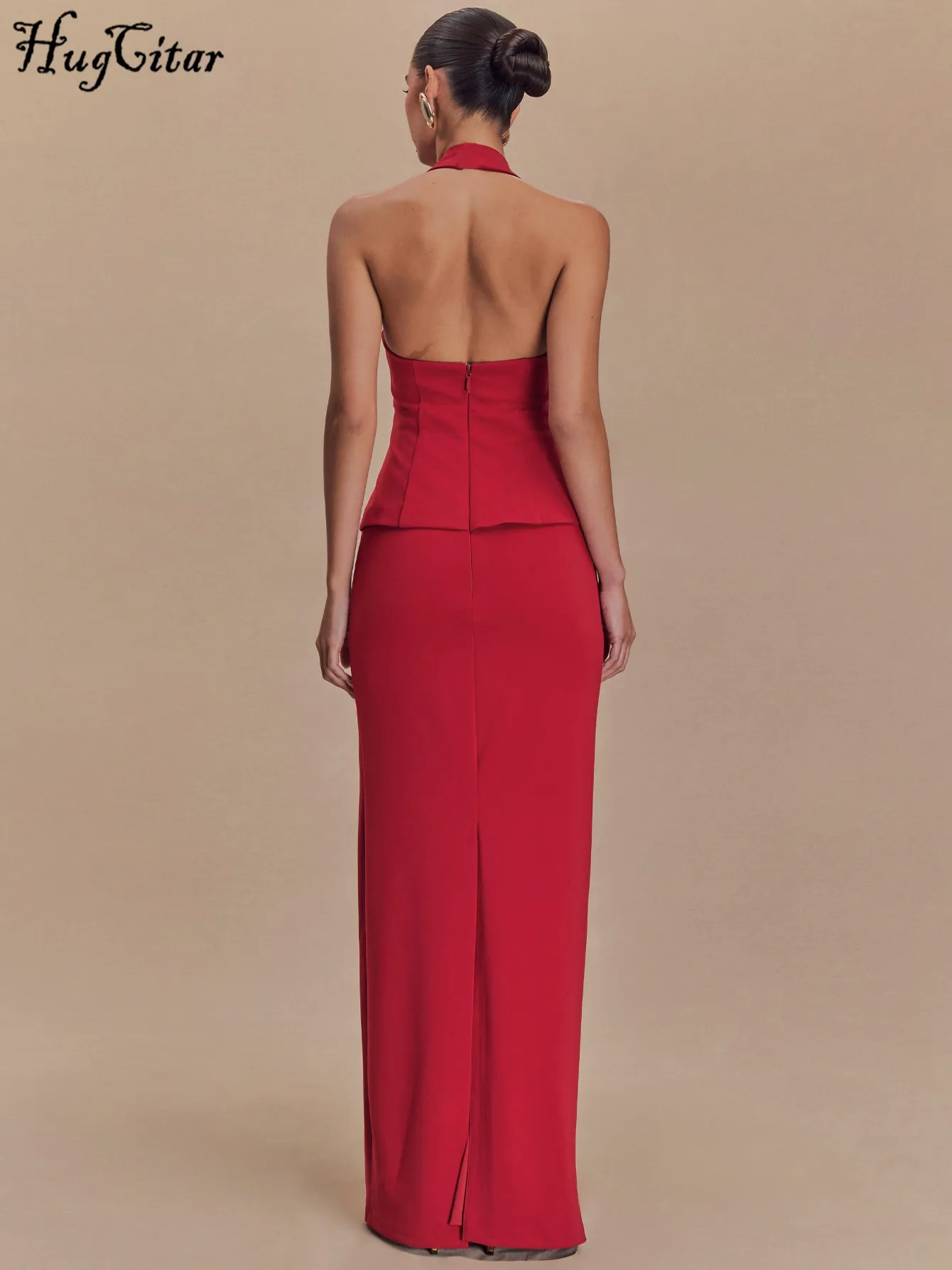 Hugcitar Fashion 2 Piece Sets Halter Backless Zip Up Sexy Crop Tank Top Slit Maxi Skirt Summer Women Clothes Party Festival Y2K