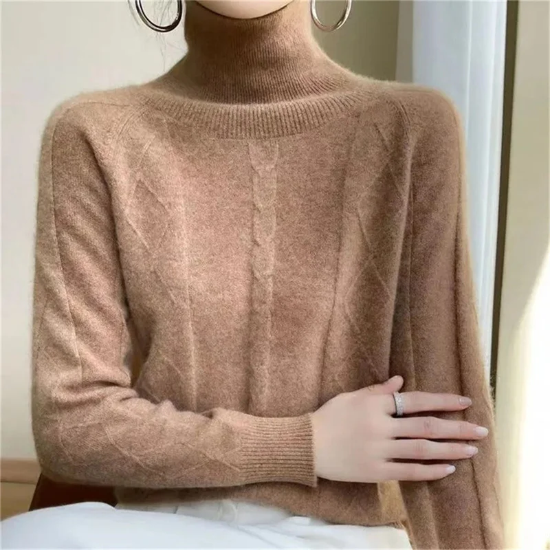 

2023 Spring Autumn Women's Wool Sweater Turtleneck Pullover Slim Solid Slim Elastic Warmth Knitwear Female Cashmere Jumper