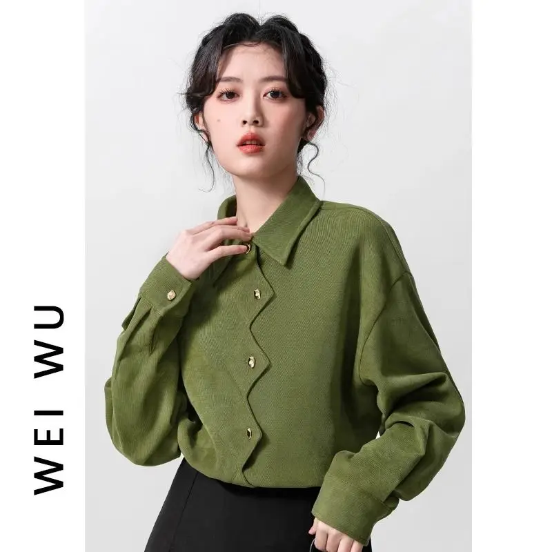 Spring and Autumn Aging Retro Corduroy Port Style Long Sleeve POLO Collar Shirt Irregular Design Sensation Shirt Trendy Women