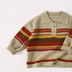 2024 Fall Winter Kids sweater Japanese style striped Boys turn-down collar knit pullover Girls soft loose base Tops