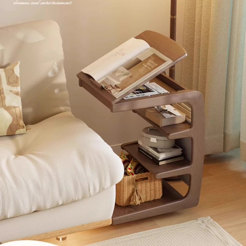 

Winter Wood Solid Wood Side Table, Mobile Sofa Bedside Cabinet with Wheels, Small Coffee Table, Adjustable Desktop