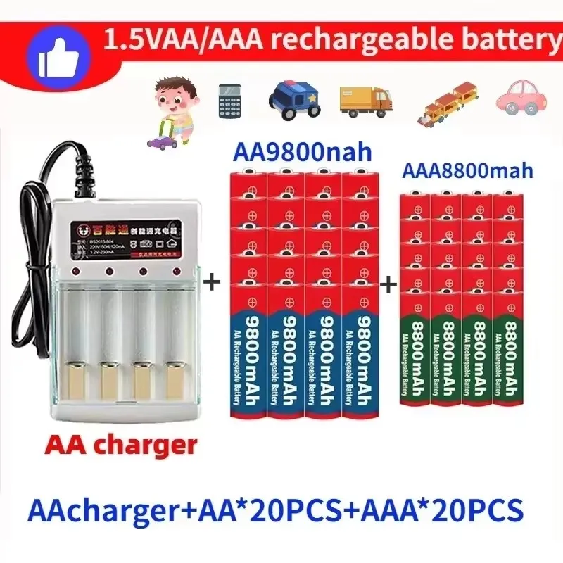 Hochkapazitäts-1,5-V-AA-AAA-Akku-Set mit 4-Slot-Ladegerät, AA9800mAh AAA8800mAh Haushaltsbatterien für Spielcontroller, Digitalkamera, Uhr, Fernbedienung, 3-7 Tage Lieferzeit