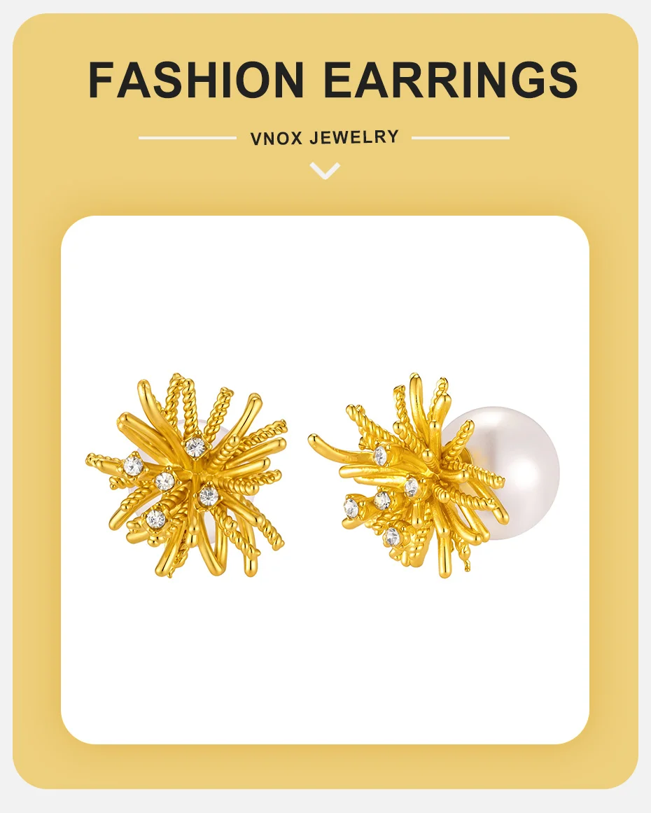 Vnox Trendige Luxus-Kristall-Feuerwerk-Ohrstecker für Damen, vergoldete Imitationsperlen-Ohrringe, eleganter Ohrschmuck mit Charakter. – Detail 1