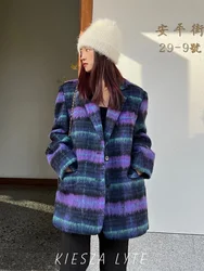 Stylish Retro Purple Plaid Woolen Coat for Women Loose and Unique Design Perfect 2024 Fall and Winter Office Blazer Thicken Suit