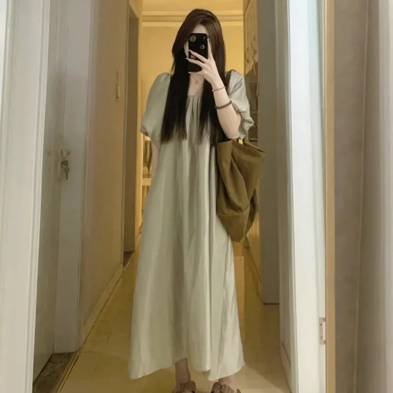 Simple Solid Nightgowns Women Sweet Ins Elegant Summer Puff Sleeve Ankle Length Thin Cozy Mujer Homewear Female Leisure Students