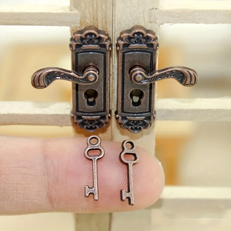 Retro Style 1/12 Scale Dollhouse Lock Key Set Miniature Door Handles Brass Knobs Mini Furniture Pull Doll House DIY Accessories