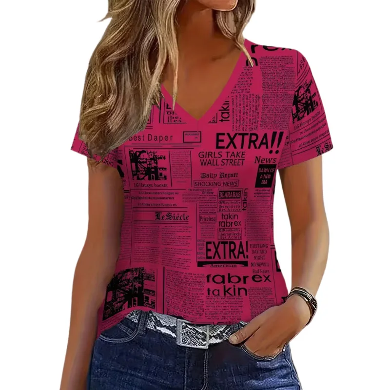 

2026 New Women's Summer V-neck T-shirt, Fashionable and Breathable 3D Digital Print Short-sleeved Retro Painted Top