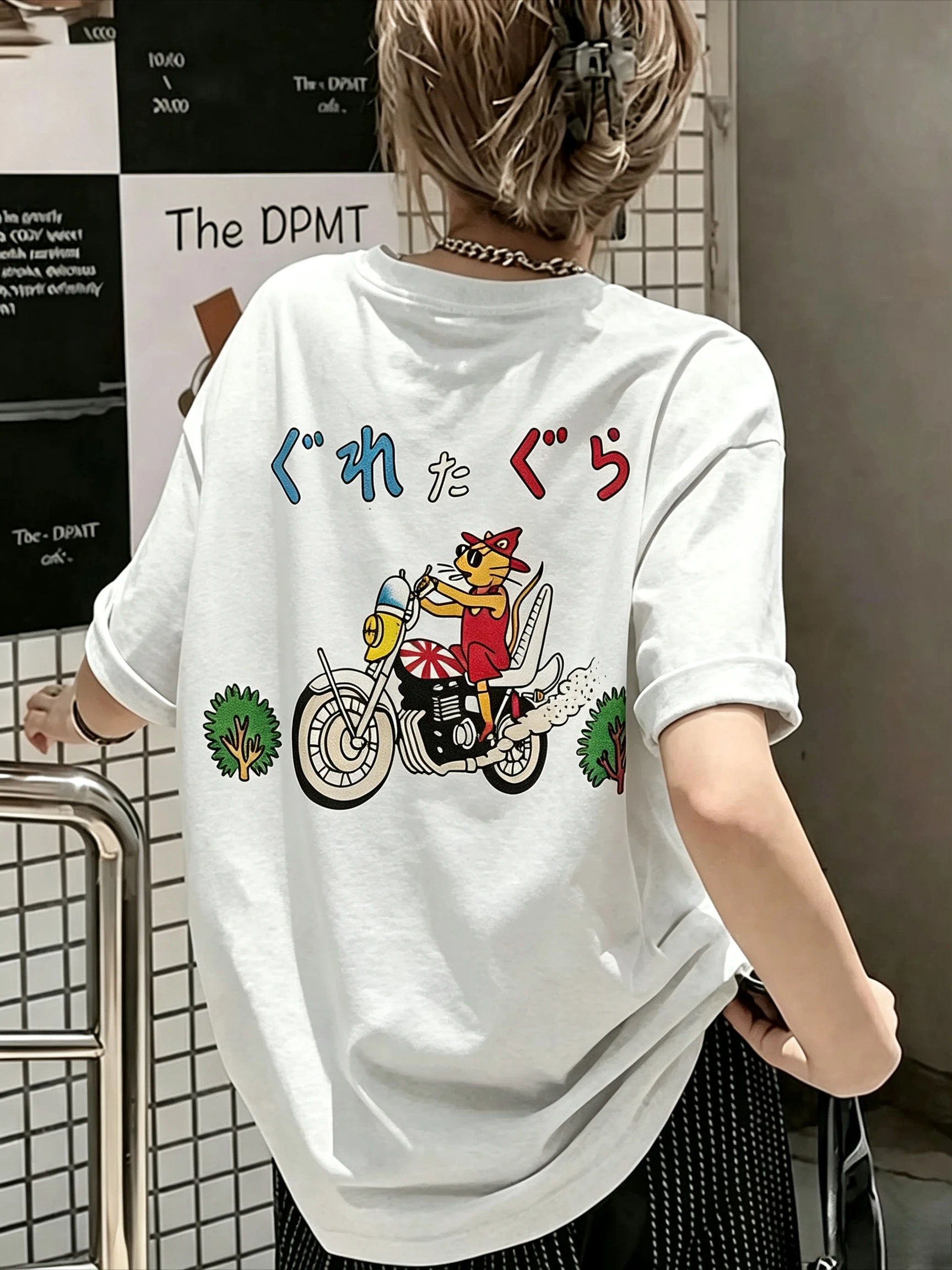 2026 Animal Family Matching Print T‑Shirt Adults Kids Japanese Retro Cartoon Motorcycle Graphic Loose Short Sleeve Casual Tee