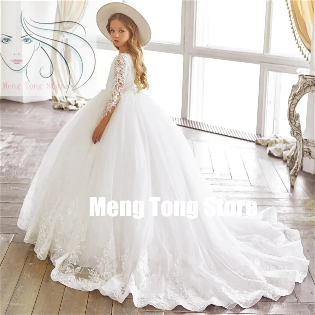 Customization  Long Sleeve White Tulle Flower Girls Dresses Wedding Birthday Party Banquet Prin Flory Appliques With Trailing