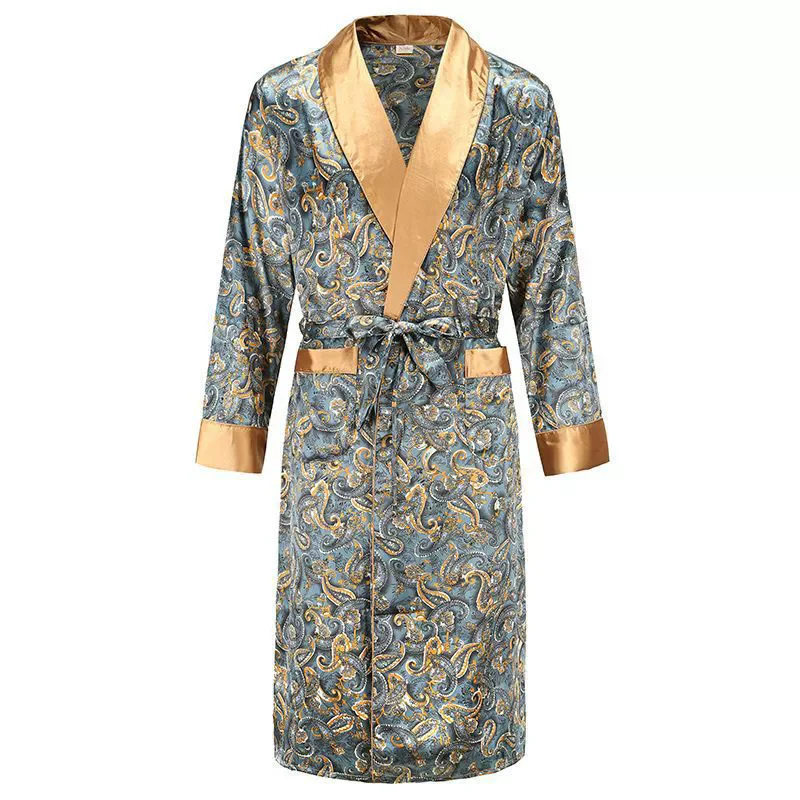 Men Mens Robe Long Sleeves Bathrobe Silky Satin  Kimono Dragon Print Pajamas Bathrobe Night Dressing Gown
