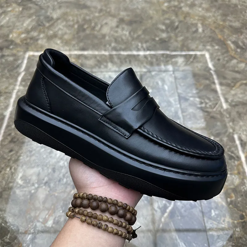 Men Genuine Leather Loafers Slip‑on Thick Platform Sole Black Loafers Business Casual Lightweight Office Walking Dress Shoes