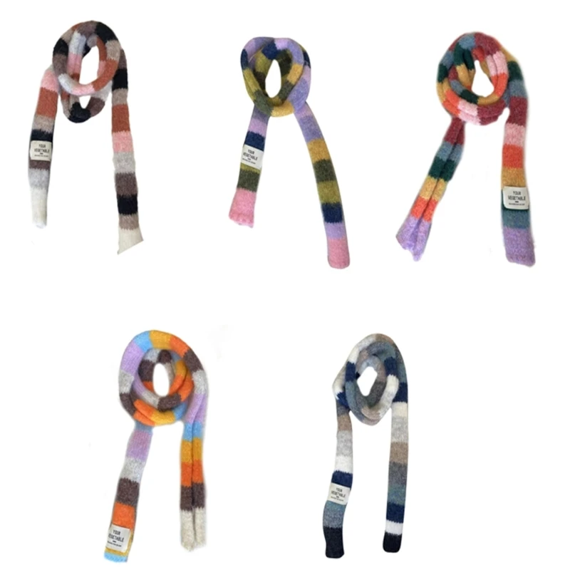 Women Fashion Skinny Scarf Party Travel Neckerchief Mixed Color Striped Scarf Autumn Winter Outdoor Street Windproof Long Scarf