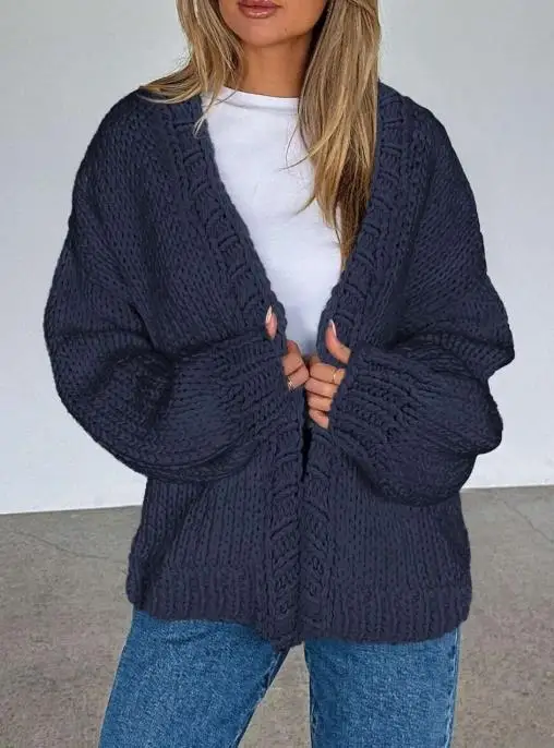 Camisola feminina 2025 outono inverno mais recente nova moda versátil malha cardigan casual solto sem fivela camisola de manga longa