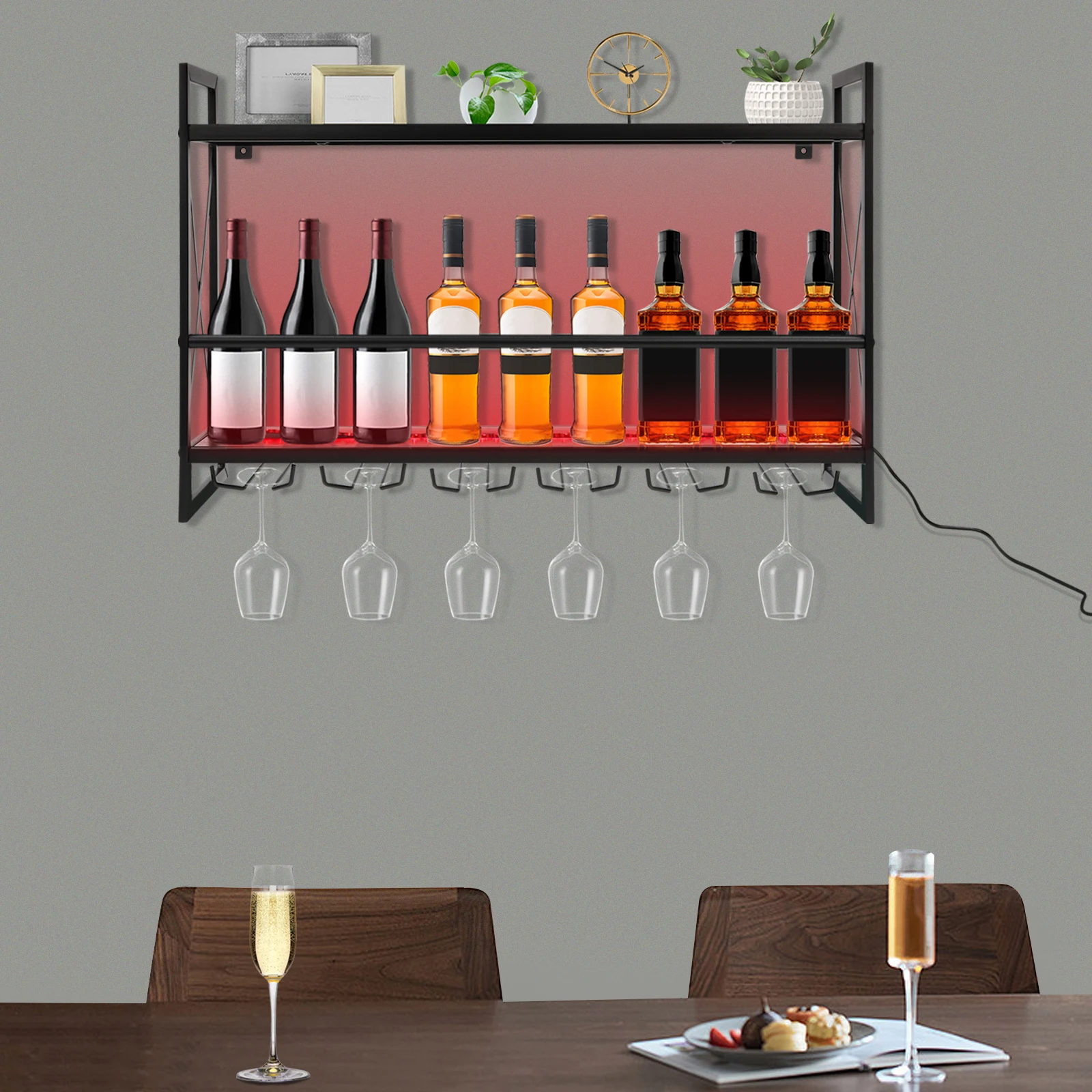 2-Tier LED Rustic Bottle Holder Glass Rack Remote Control and 6 Stem Wine Glass Holder 31.5in Industrial Metal Hanging Wine Rack