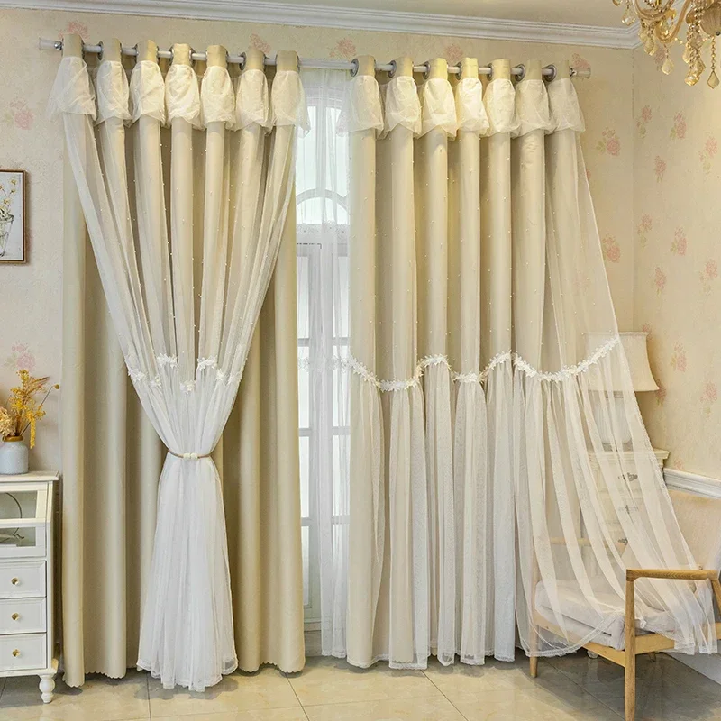 

Korean-style Curtains For Living Dining Room Bedroom Princess Style Cloth Tulle Integrated Light Luxury Bedroom Girly Window