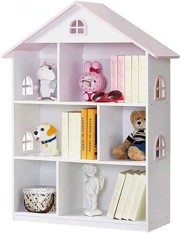 Wooden Dollhouse Bookshelf 3-Tier Doll House Bookcase Kids Books Toys Storage Organizer Shelves for Children's Bedroom