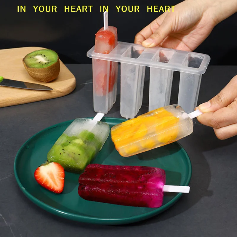 【X】Ice Cream Mold 4 Ice Popsicle Mold Set Ice Maker Ice Tray DIY Reusable with Sticks and Lid Creative Kitchen Tool Summer