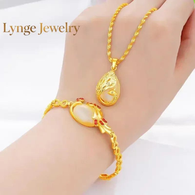 

Lynge Jewelry Luxury 24K yellow gold 9999 real gold Ladies Necklace Bracelet Peacock two-piece Pendant Cat's Eye AU750 Gold jewe