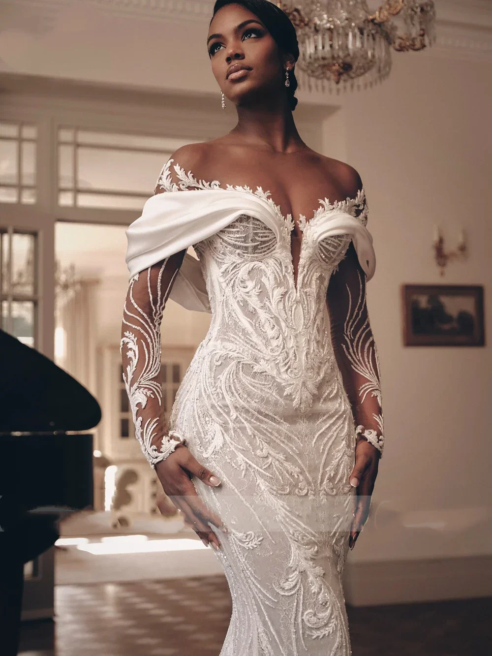 Personnalisé exquise dentelle 2 en 1 robe de mariée sirène perles broderie Illusion cou trompette robes de mariée Vestido de novia