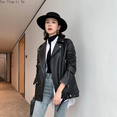 Tao Ting Li Na Genuine Sheep Leather Jacket Women New Mid-Length Loose Motorcycle Real Sheep Leather Jacket R15