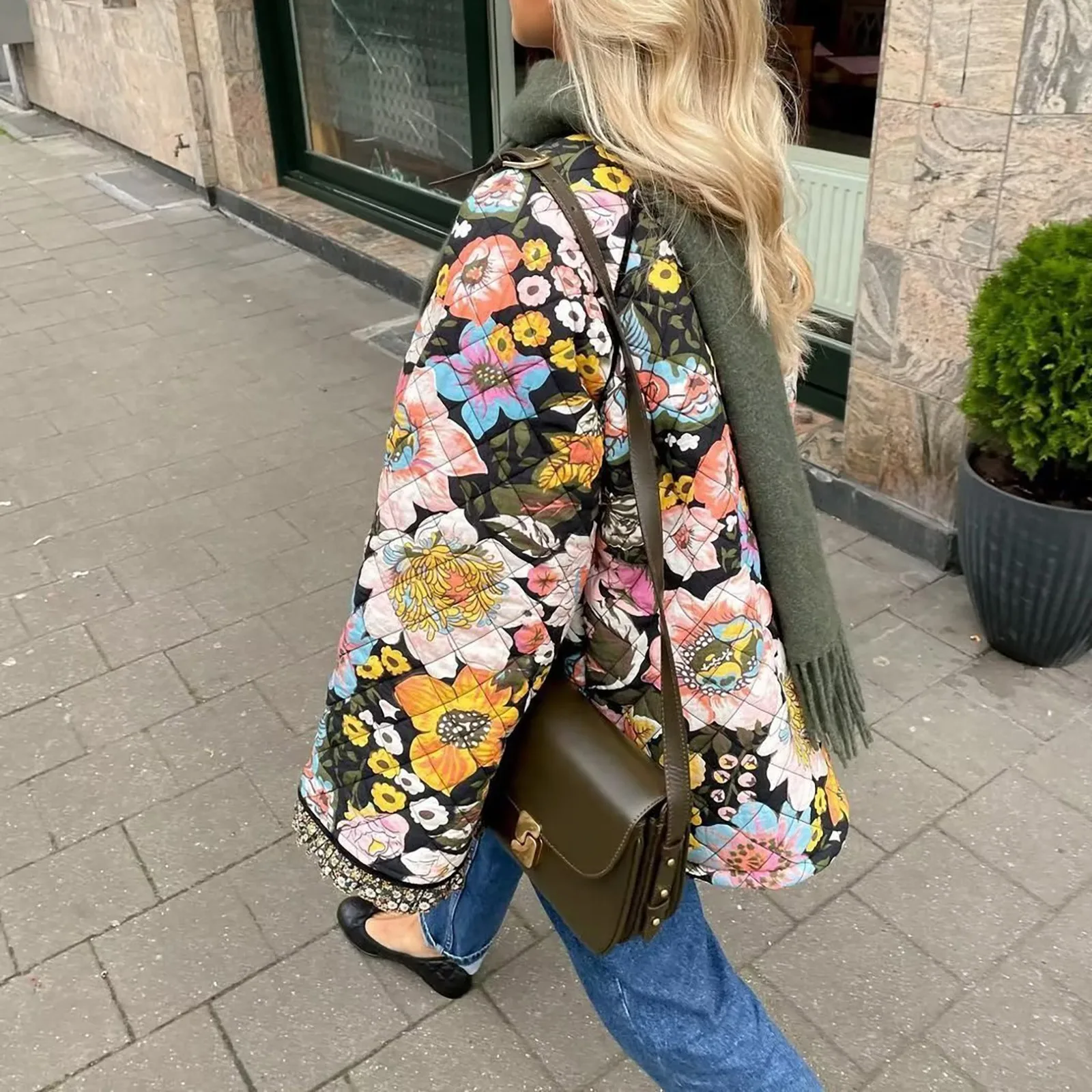 Autumn Vintage Flower Print Faux Cashmere Cotton-Padded Coat For Women Thick Warm Trumpet Sleeve Outwear Loose Winter Parkas