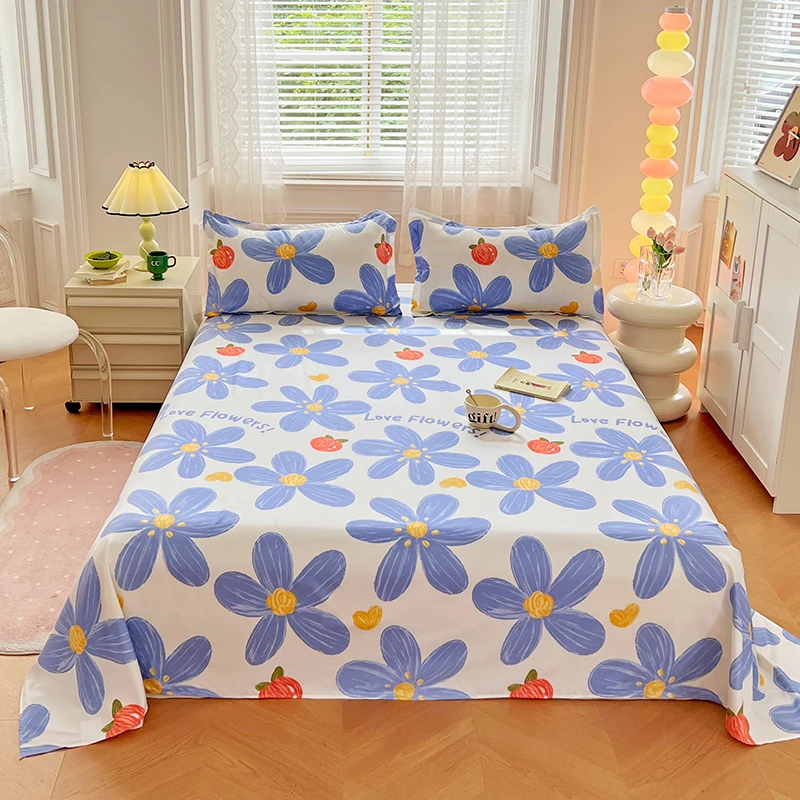 1PC White Base Bed Sheet, Blue Flower with Small Apple & 