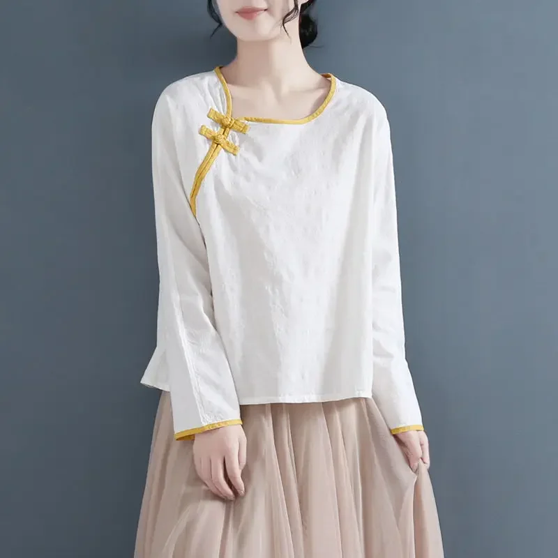 

Women's Vintage Chinese Ethnic Style Cotton Linen Blouse Fashion Patchwork Chic Loose Shirt Solid Long Sleeve Blusas Mujer XQ477