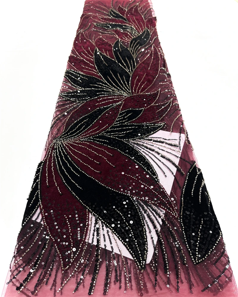 Luxury African Beaded Pearl Velvet Lace Fabric High-Quality Nigerian Sequins for Party Dress Sewing