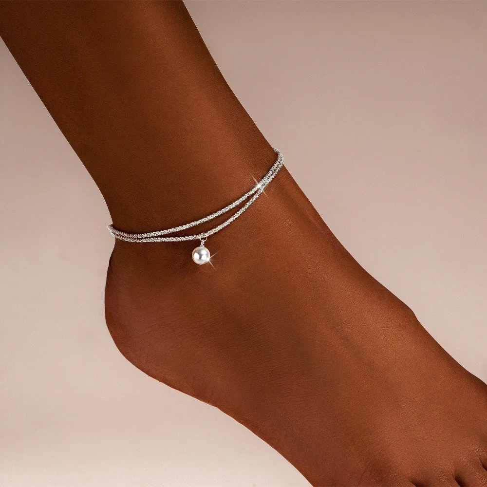 VAL 925 Sterling Silver anklets for girls pearl Double layer adjustable cauliflower chain versatile pendant anklets Jewelry