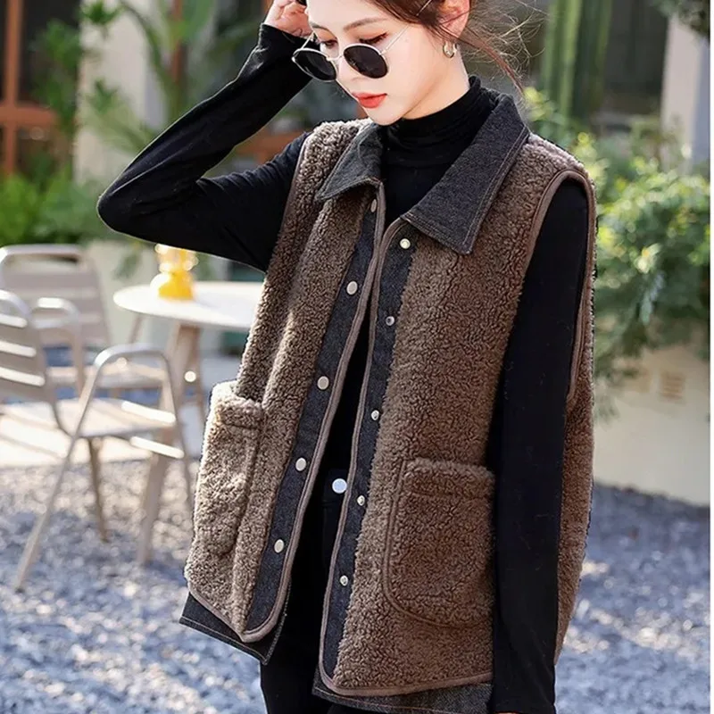 

Women's 2026 New Arrival Autumn Winter Loose Fit Lamb Wool Vest Denim Spliced Faux Fur Outerwear Stylish Casual Tops Female