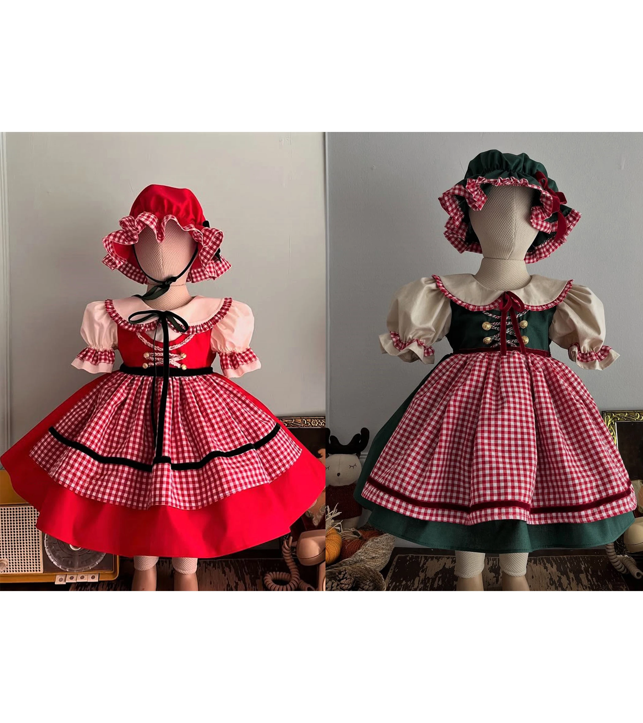 Summer Girl Sweet Red Plaid Velvet Red Green Puffy Dress With Hat For Casual Party Birthday Wedding Photography