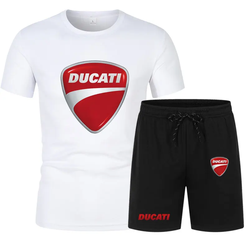 men's sets Summer motorcycle brand DUCATI printed top short sleeve men's T-shirt + sports shorts jogging beach men's clothing