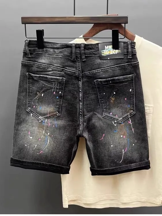 American Style Short Jeans Men's Fashionable Paint Splatter Hole Design Student Casual Breathable Five-Quarter Straight Leg J...
