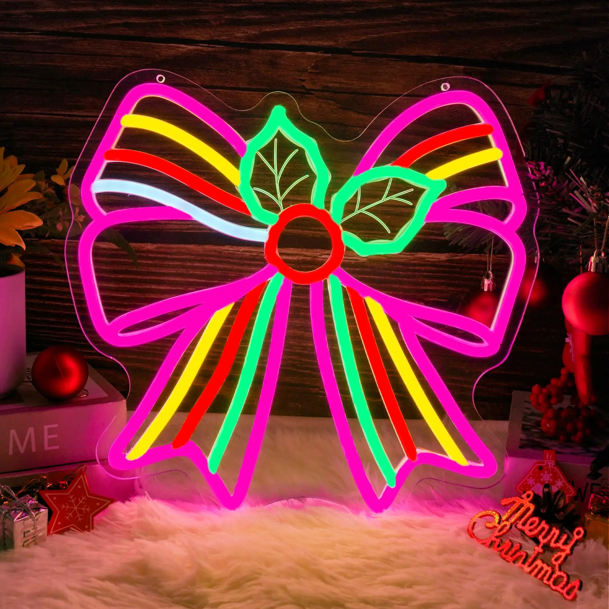 Christmas Holly Bow Neon Sign Carving Dimmable USB Powered LED Light Up Sign for Wall Decor Bedroom Window Holiday Party Gift