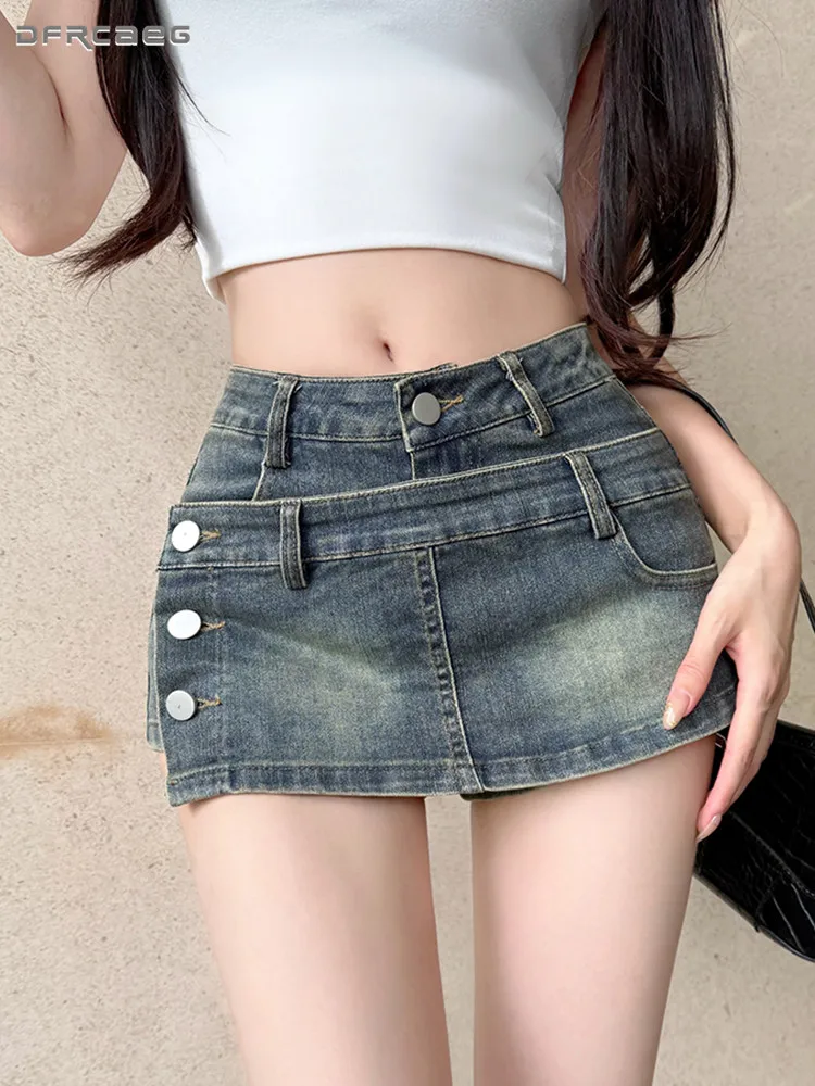 

Американские ретро-мини-юбки-шорты из денима для женщин, летние, с высокой талией, облегающие, винтажные, с пуговицами.