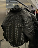 Street Style American Y2K Retro Rivet Leather Jacket Mens Letter Embroidered Hollow Oversized Coat Punk Rock Motorcycle Clothing