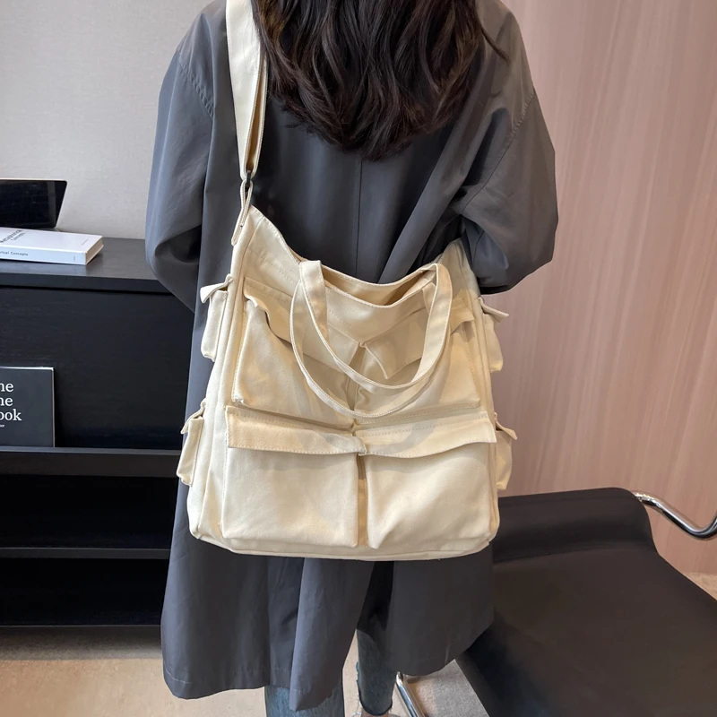 New Canvas Women's Bag Big Messenger Bag Y2K Shoulder Cross Bag Eco Bag Shopper Korean Satchel Murse Black Pockets Tote Handbags