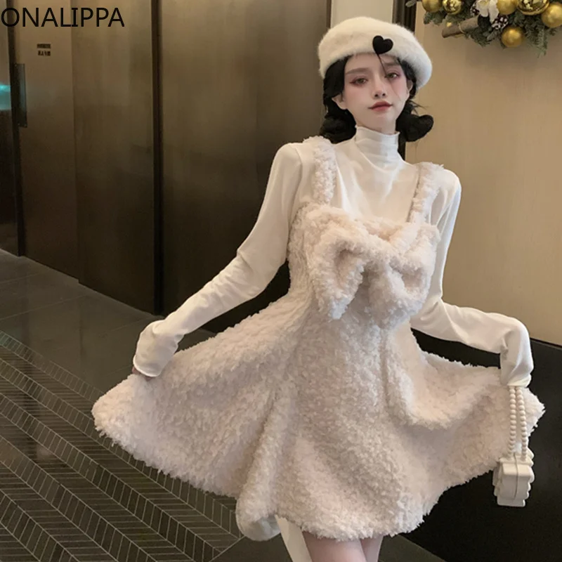 Onalippa Furry Big Bow Lace Up Mini Dress High Waist Sleeveless Imitation Lamb Hair Dresses Korean Small Fragrance Vestidos