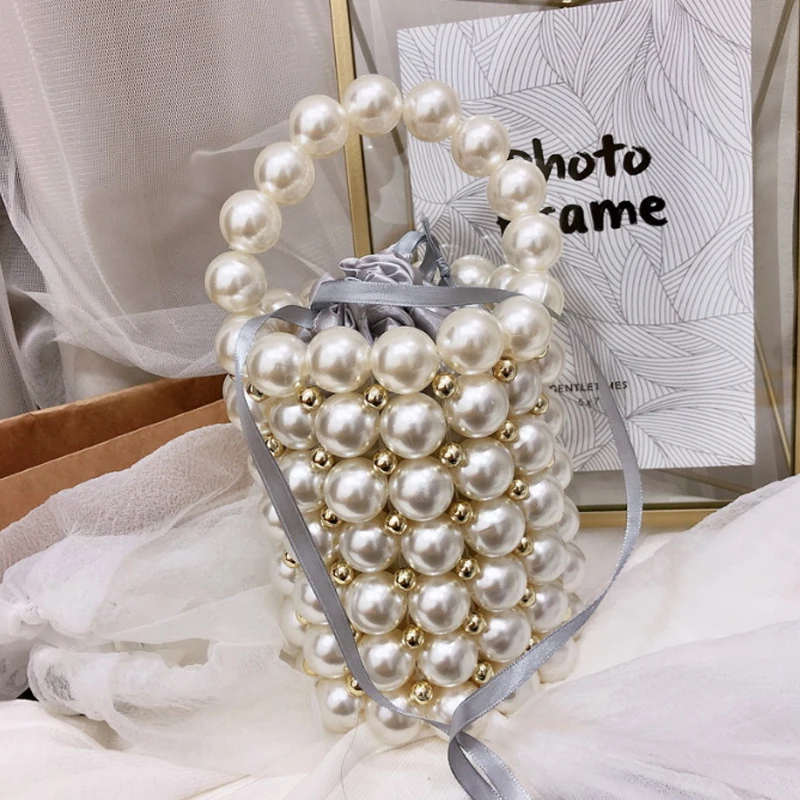 Acrylic pearls bag beaded Vintage bucket totes women plastic evening party Small mini handbag luxury brand wholesale white gold