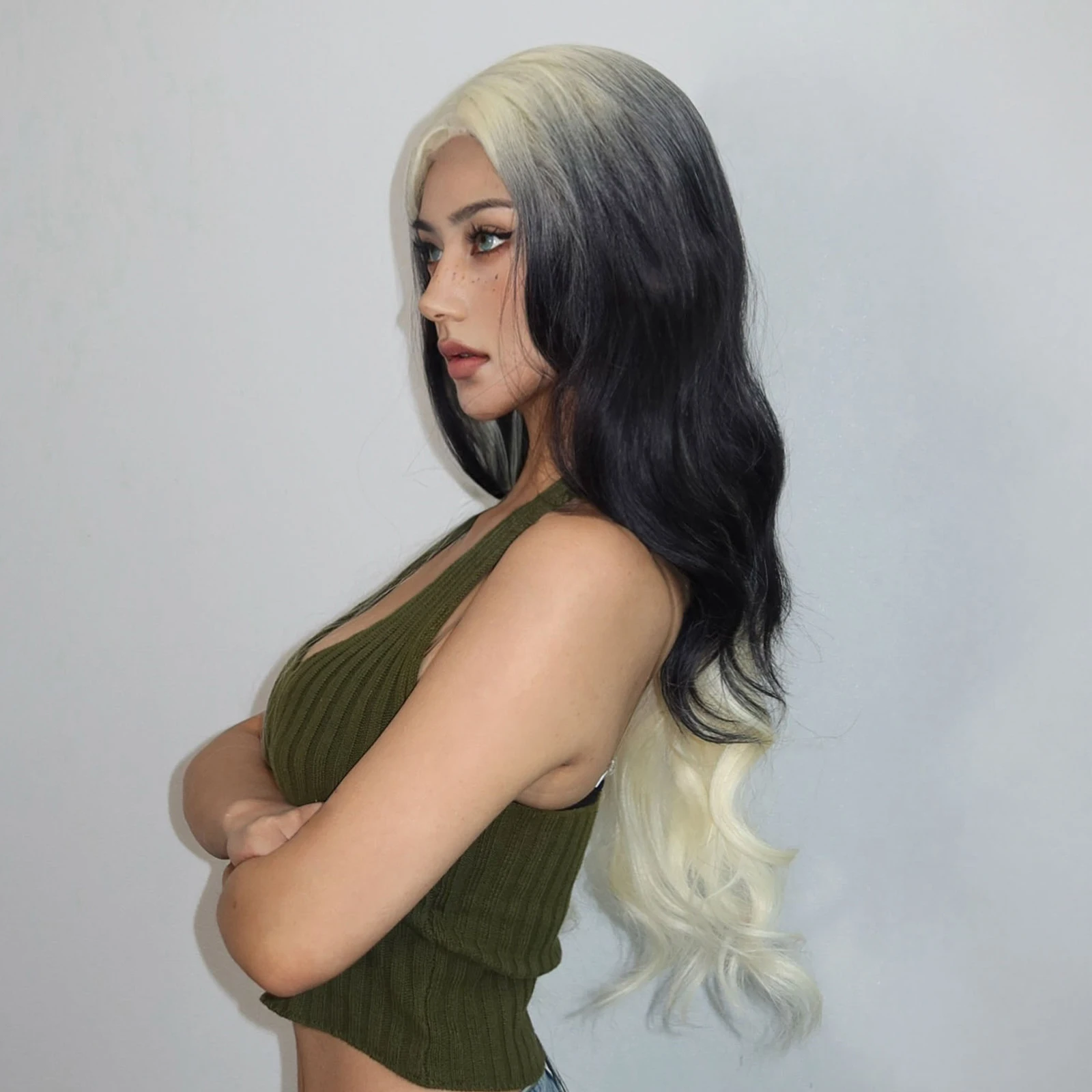 HAIRToxic-Perruque synthétique longue en fibre pour femme, perruque Lace Front Wig, cheveux ondulés naturels, blanc, noir ombré, fibre de degré de chaleur 03/Cosplay