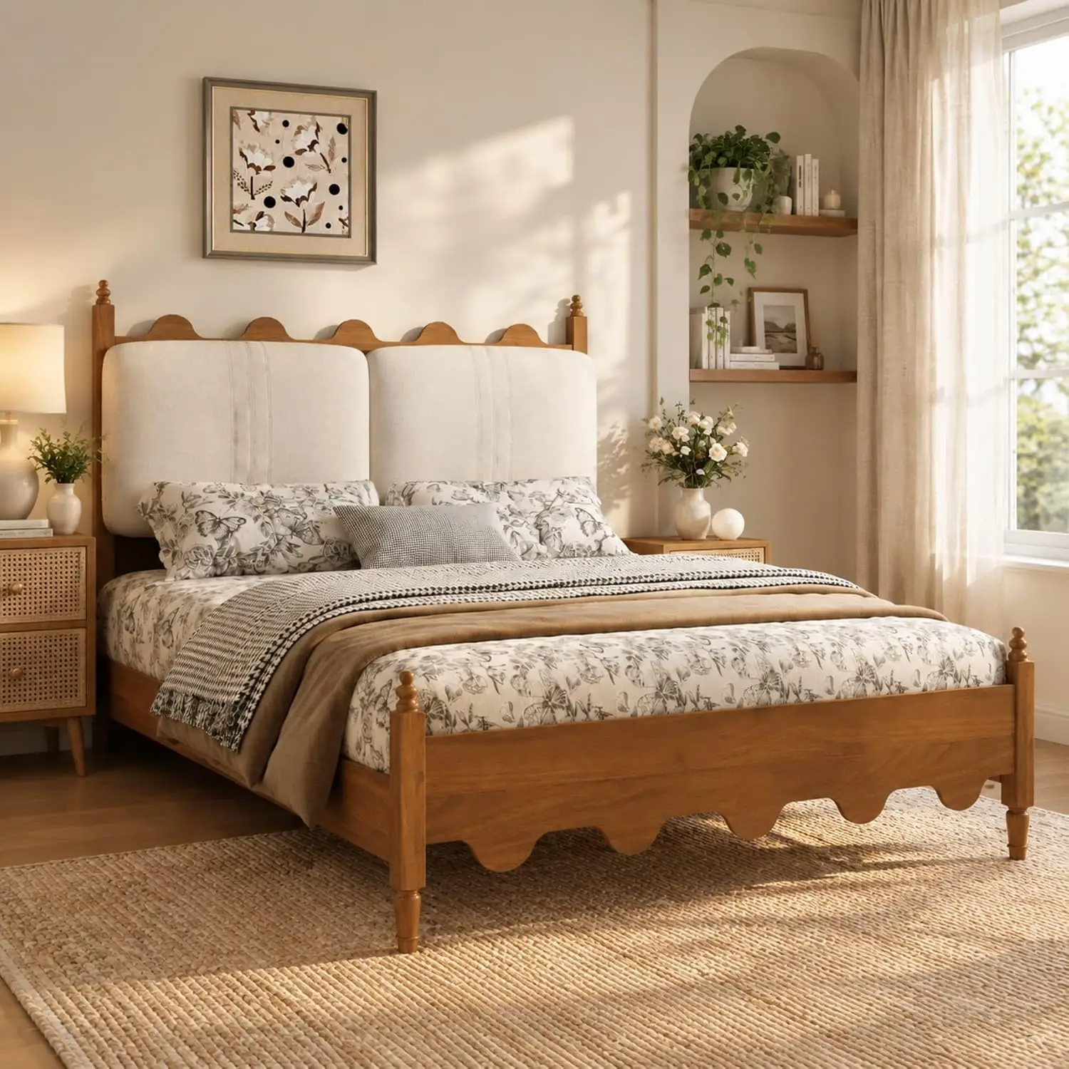 Wood Queen Bed Frame with Upholstered Headboard, Walnut