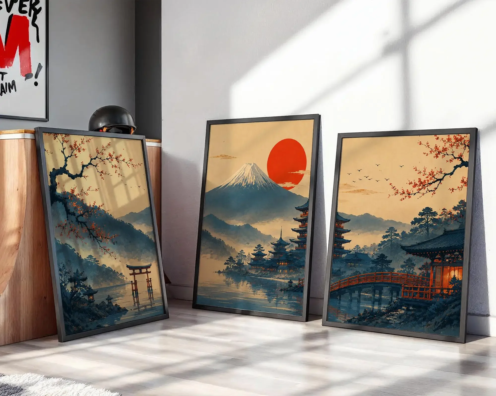 Japanese Wall Art Set of 3,Mount Fuji Torii Gate Pagoda Prints, Vintage Ukiyo-e Posters,Cherry Blossom Decor,Asian Inspired Gift