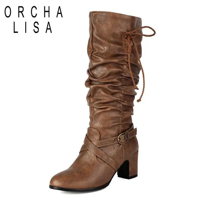 

ORCHA LISA 2025 Винтажные женские сапоги до середины икры с круглым носком и блочным каблуком 6 см, застежка-молния, пряжка ремня, большие размеры 41 42 43 Leisure Daily Bota